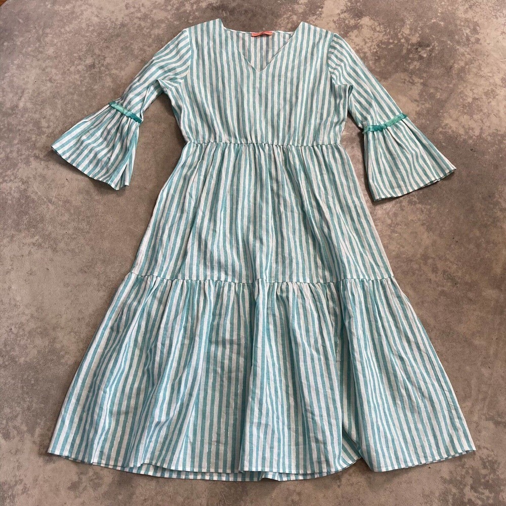 Vilagalla Dress Womens Large Tyne Melrose Strip Midi Linenโ Blend V Neck